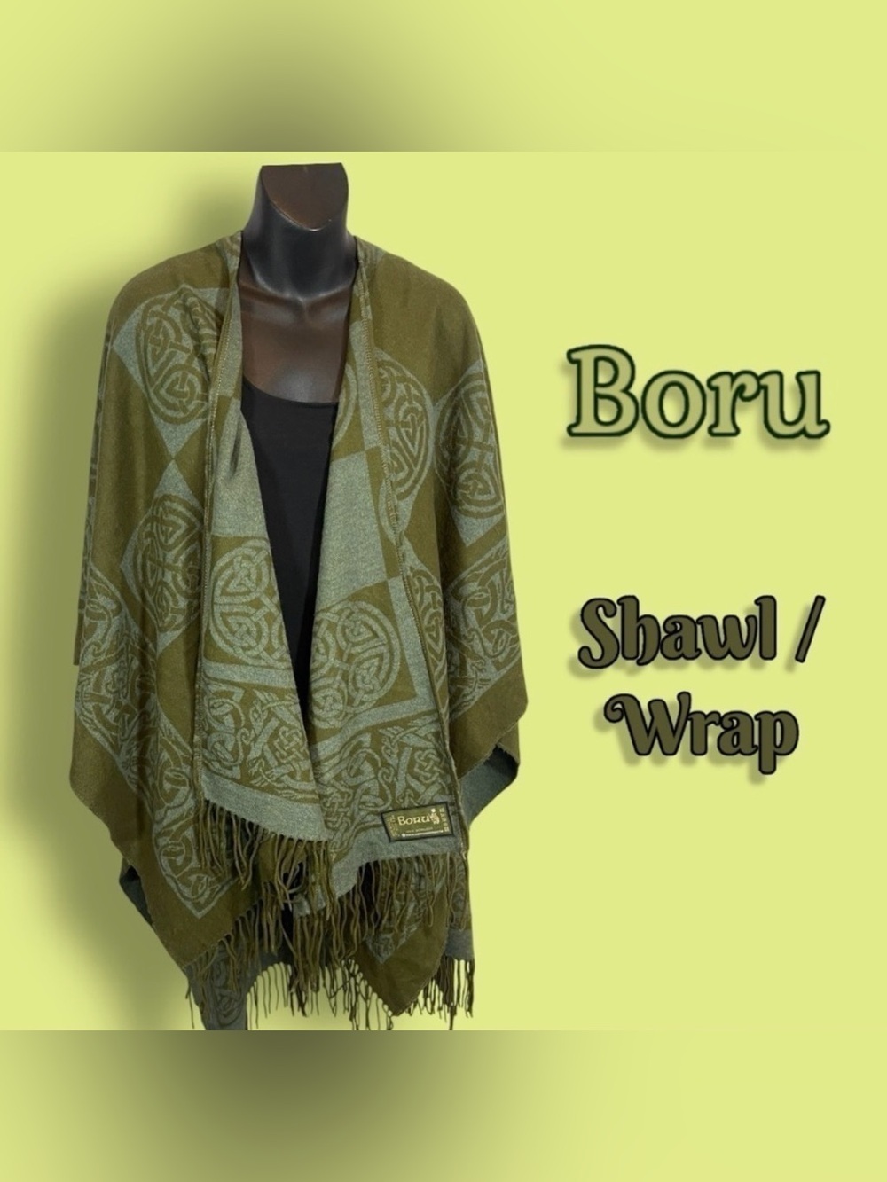 Jimmy Hourihan Fringed Shawl with Celtic Motif Boru Irish Wrap Muti Green